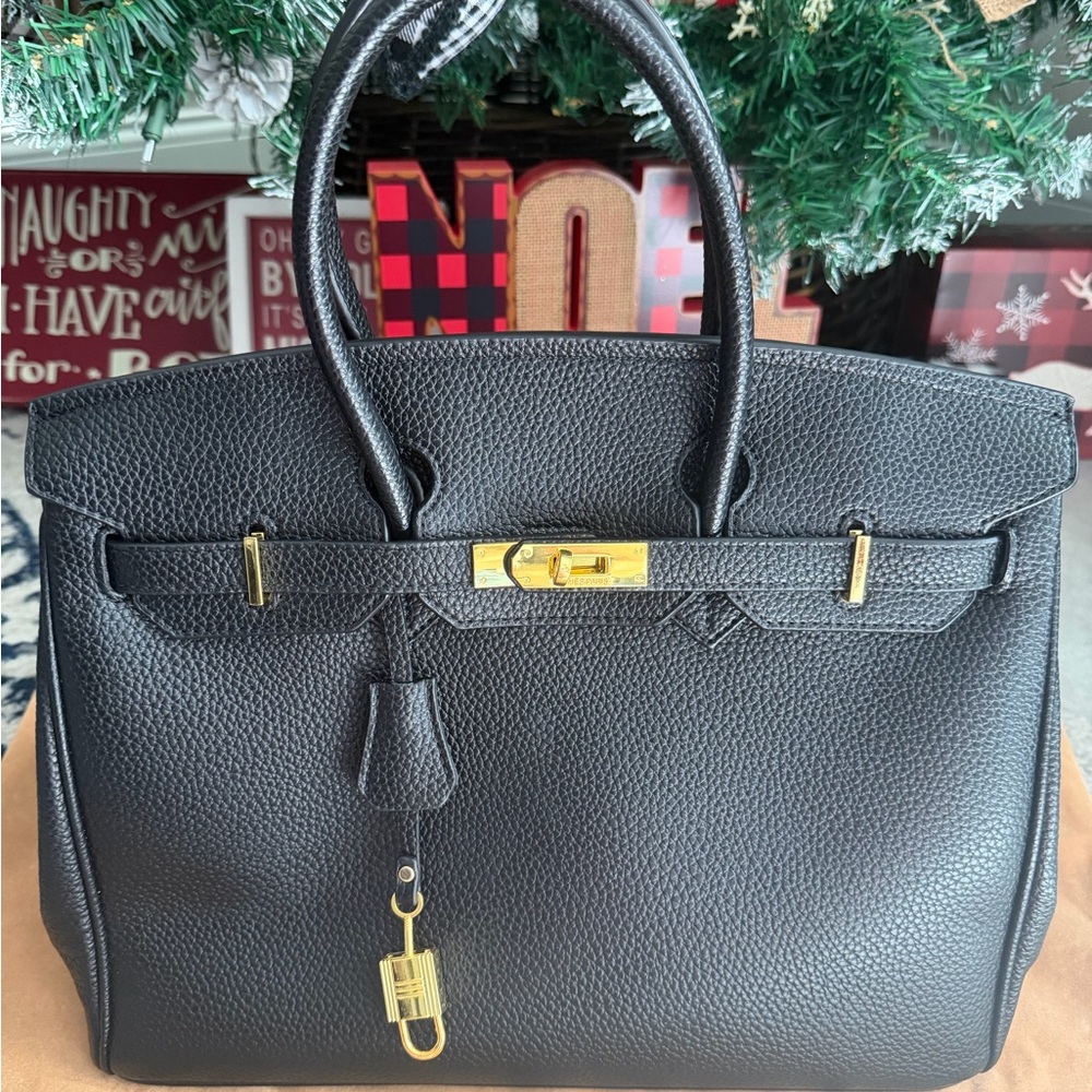 Genuine Leather Bag Classic Satchel Bag in Black with Gold hardware